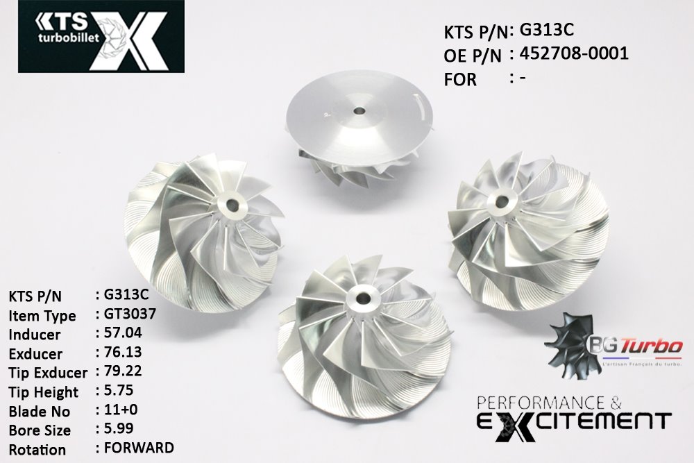 Turbo ROUE FORGÉE MFS PERFORMANCE - 11+0 PALES - INDUCER : 57,04 - EXDUCER : 76,13 - TYPE : GT3037ANGLE : 40° - ROTATION : Forward - SUPER BACK : 2,36 - BORE SIZE : 6
